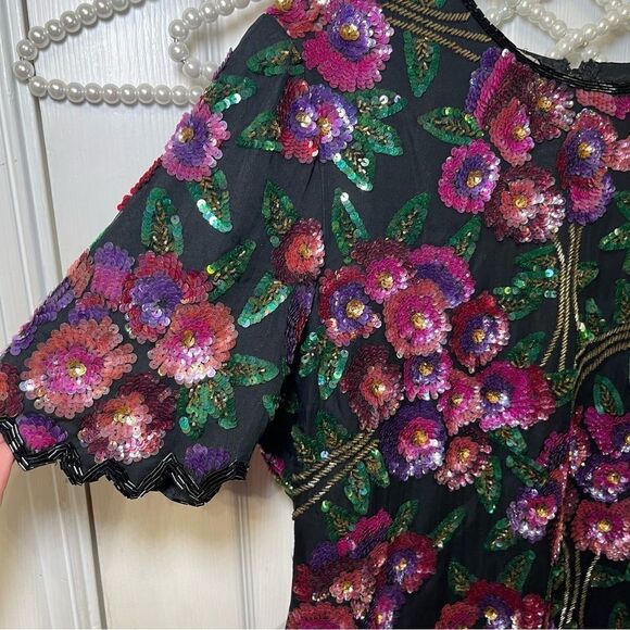 Vintage Laurence Kazar Silk Floral Beaded Sequined Top Multicolor Formal - Picture 5 of 16